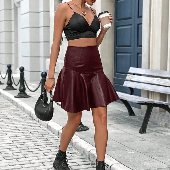 Burgundy Casual Women's Fashion Faux Leather Ruffle Hem Skirt - Picture 3 of 7